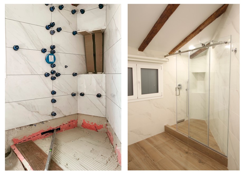 Ducha de obra triángular trapezoidal en proceso y terminada con sistema Wall Drain de Geberit.jpg